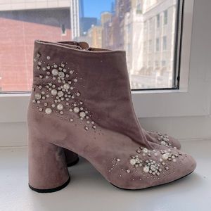 Zara Mauve Suede Pearl & Crystal Embellished Block Heel Ankle Boots